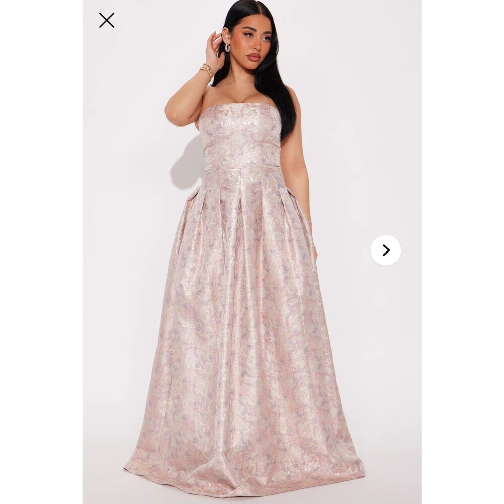 Nova Luxe Fashion Nova Jacquard Maxi Dress Gown Pink Gold Floral Small US 4-6